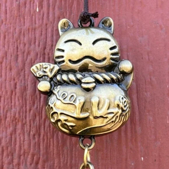 Lucky Cat Japanese Neko Charm Metal Wind Chime Bells  NEW - Picture 2 of 4